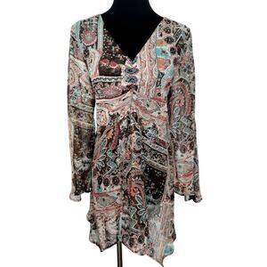 Maya Y2K Sheer Bell Sleeve Gypsy Blouse Womens M Boho Paisley V Neck Fairycore